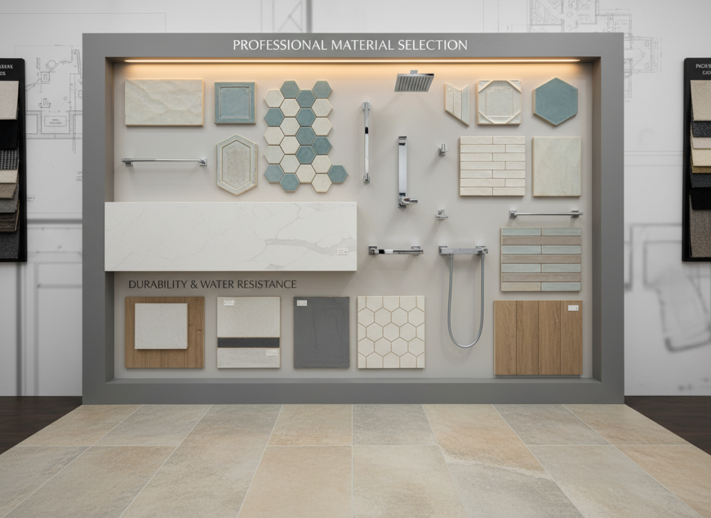 Bathroom materials including porcelain tile and quartz countertop