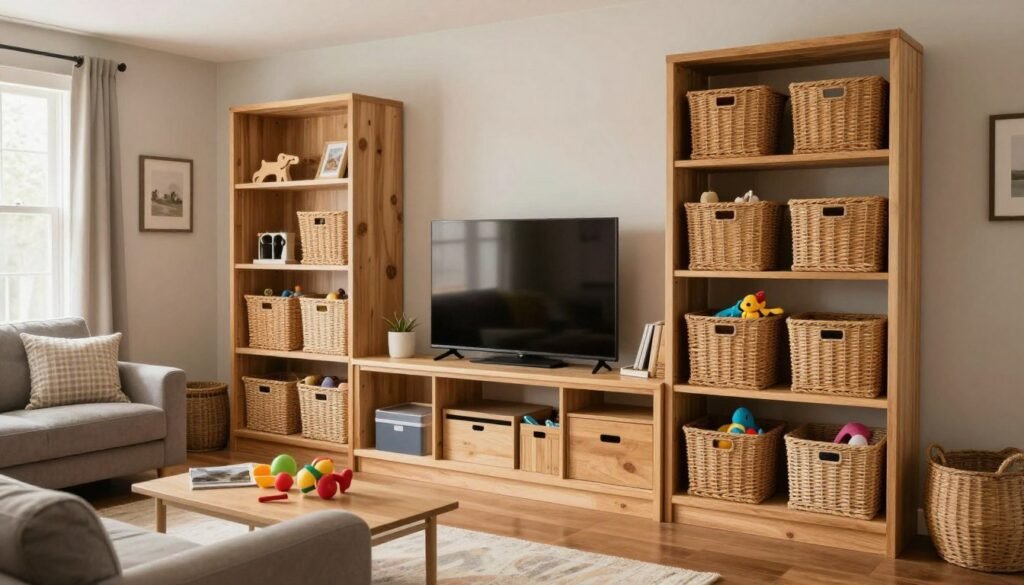Beautiful organized family room with effective toy storage solutions throughout
