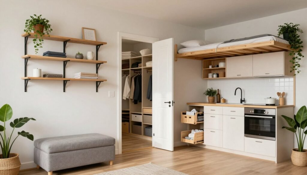 Beautifully organized small apartment showcasing multiple storage solutions throughout