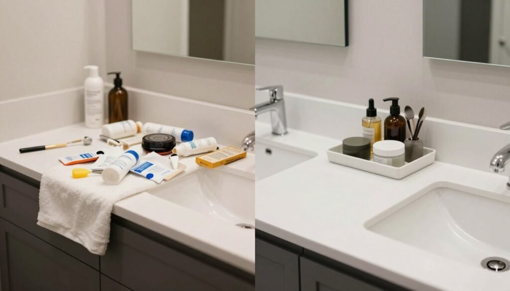 Before and after comparison of decluttered bathroom counter