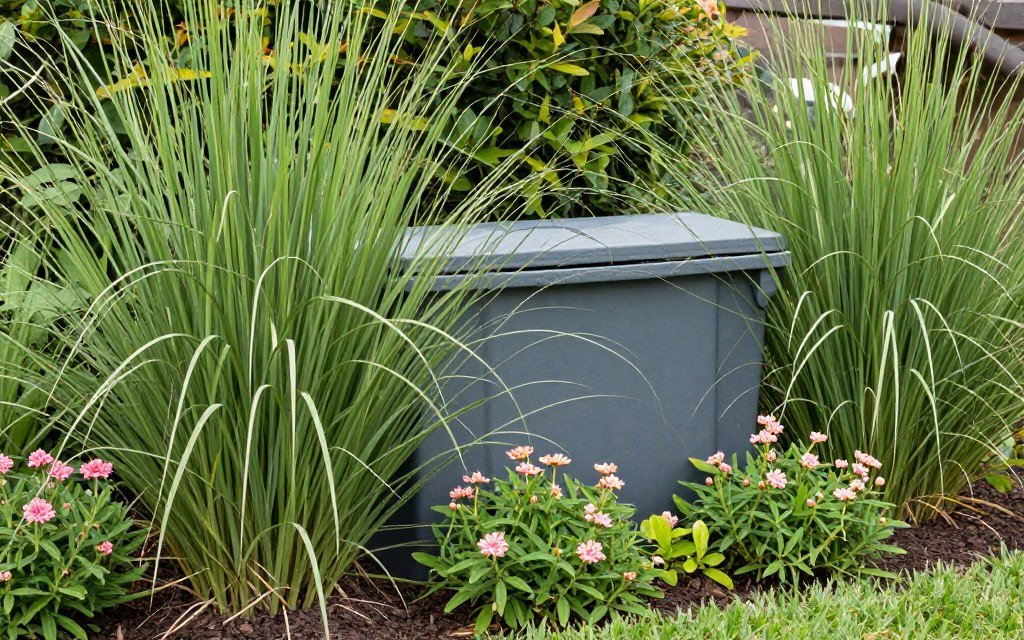 Bin shed screened with ornamental landscaping