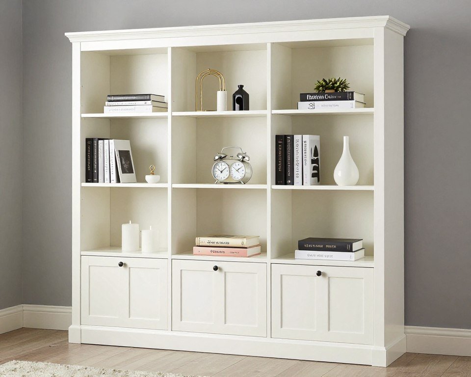 Bookcase headboard with multiple shelving compartments and cabinet doors