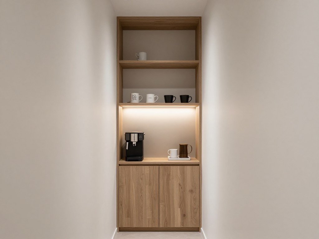 Built-in coffee nook in hallway alcove