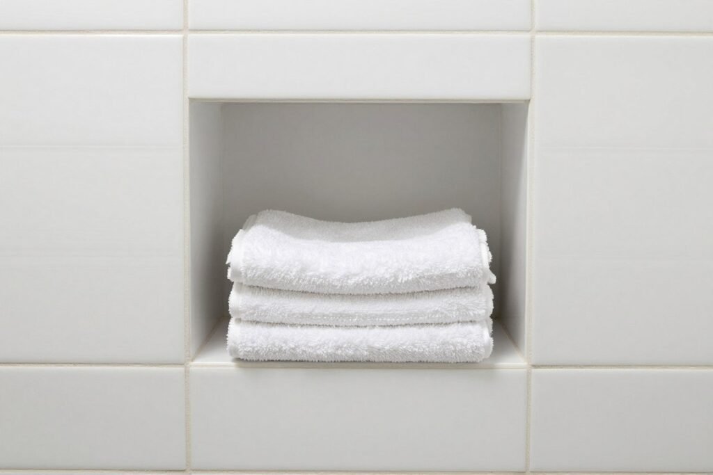 Built-in towel niche in bathroom wall