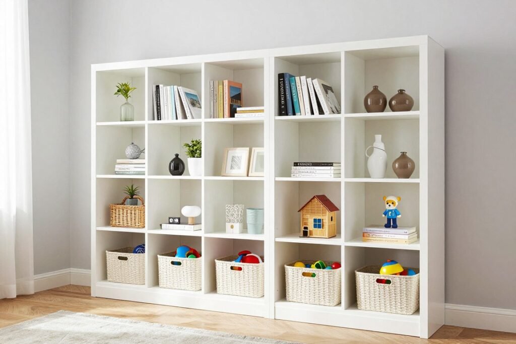 Built-in white shelving unit with toy storage baskets on lower shelves and decor on upper shelves