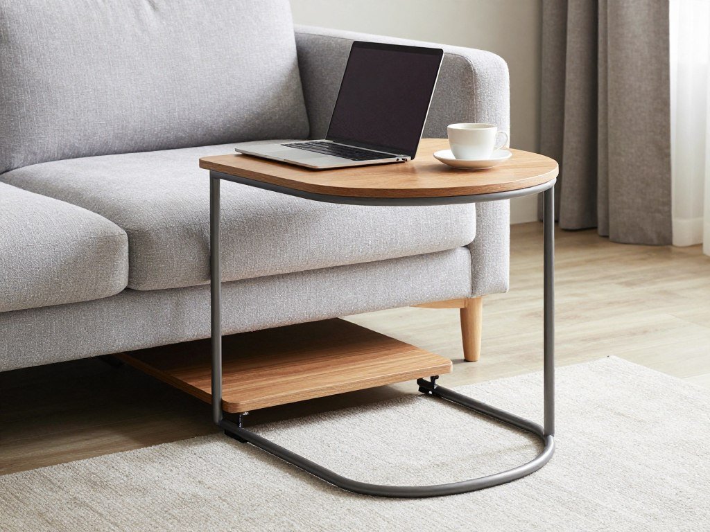 C-shaped side table sliding under sofa in living room