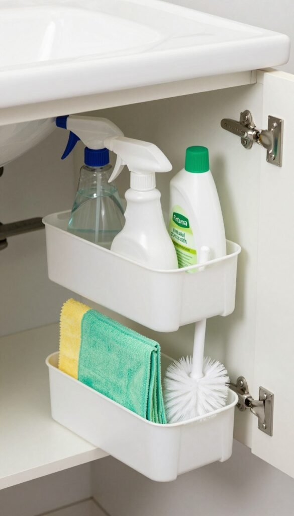 Caddy with bathroom cleaning supplies under sink