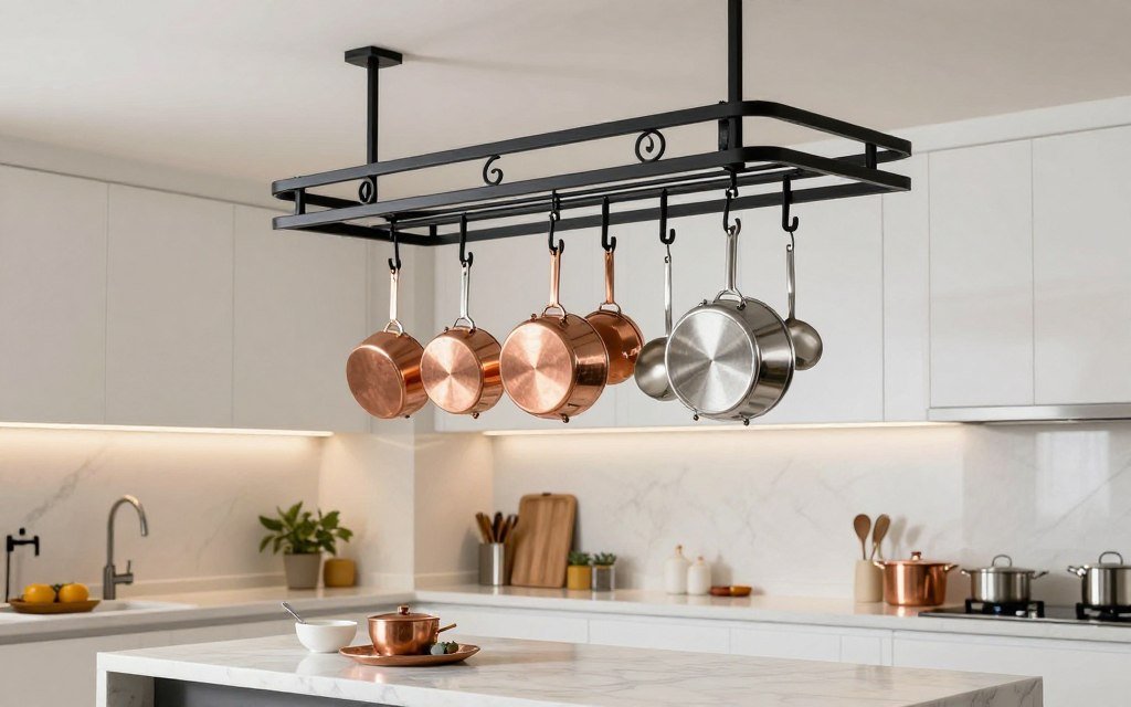 Ceiling-mounted hanging pot rack with copper cookware in modern kitchen