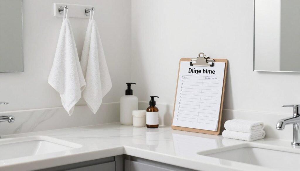 Clean organized bathroom with maintenance checklist