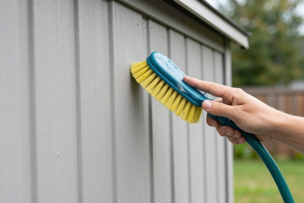 Cleaning outdoor bin shed with hose