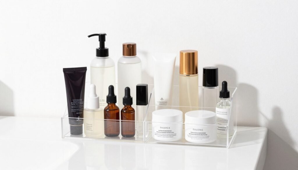 Clear acrylic organizers with sorted toiletries and beauty products