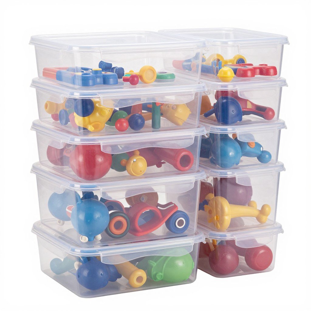 Clear stackable storage containers with organized toys visible inside