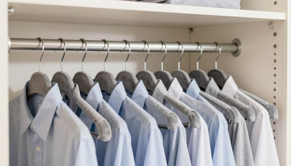 Closet rod with space-saving velvet hangers and cascading hooks