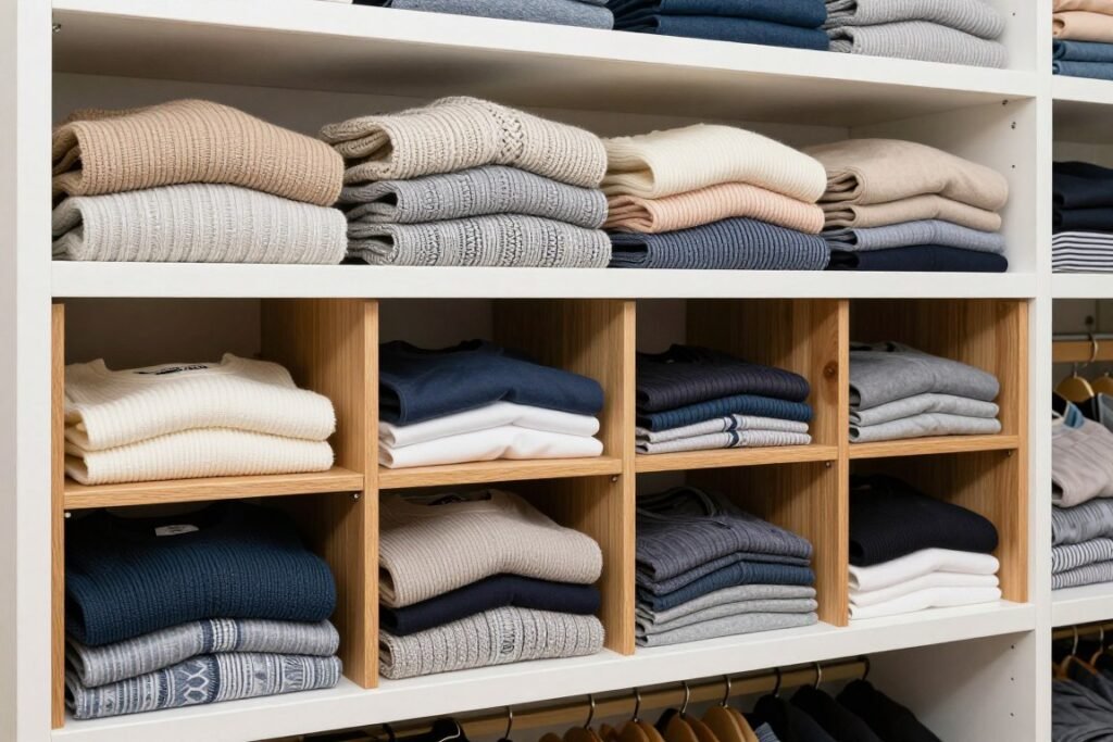 Closet with wooden shelf dividers organizing folded clothes by category
