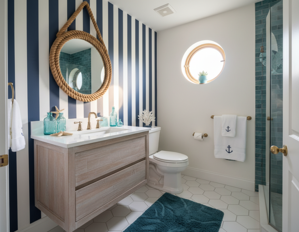 Coastal bathroom with nautical striped wallpaper accent wall