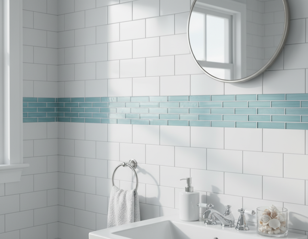 Coastal bathroom with white subway tile and blue accent tiles