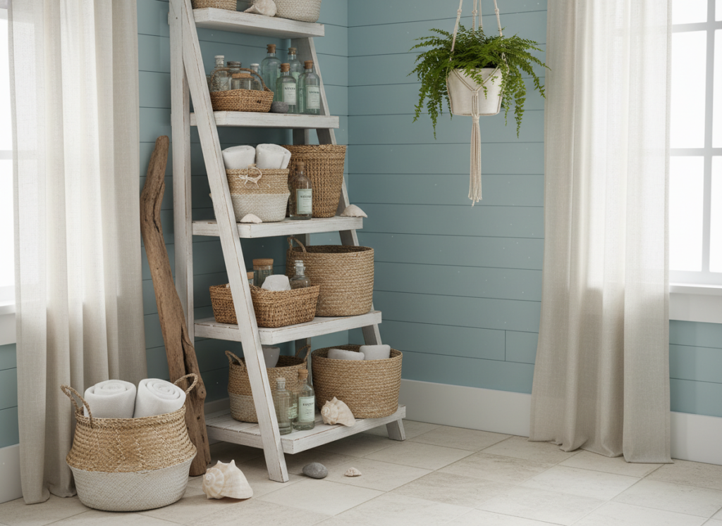 Coastal bathroom with woven basket storage solutions