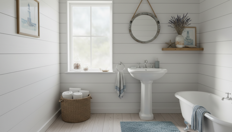 Coastal small bathroom with white shiplap walls and ocean-inspired decor