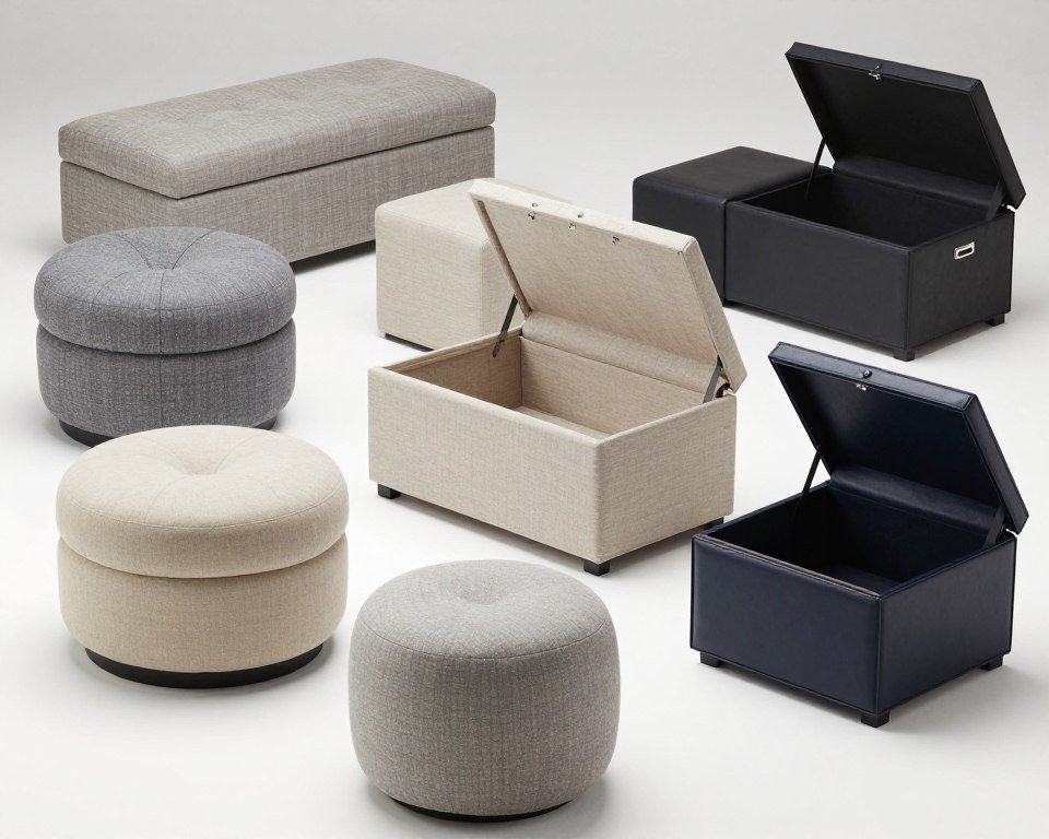 Collection of storage ottomans in various sizes, colors, and styles