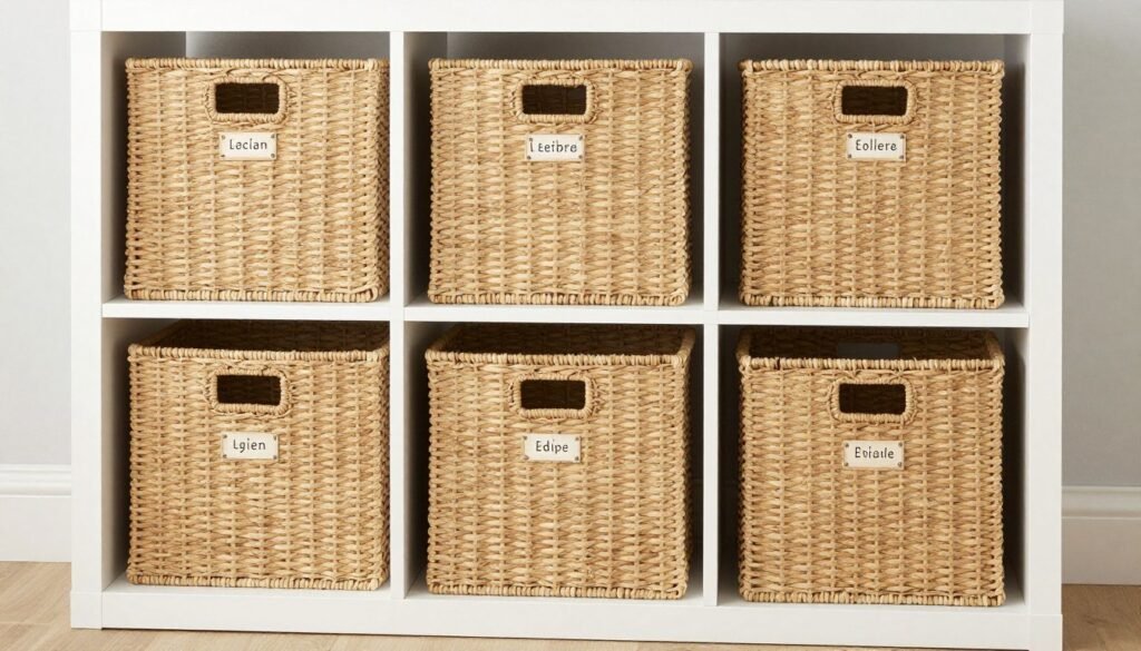Collection of woven storage baskets in various sizes on open shelving unit