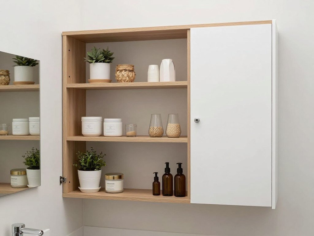 Combination of open and closed storage in small bathroom