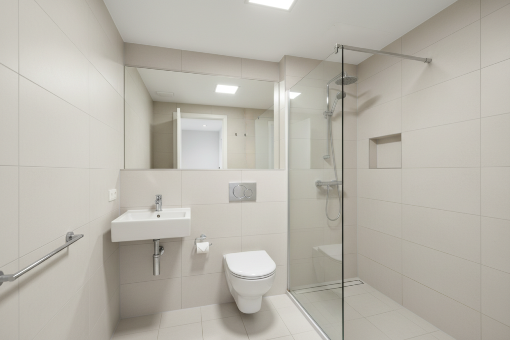 Compact bathroom fixtures including wall-mounted toilet and sink