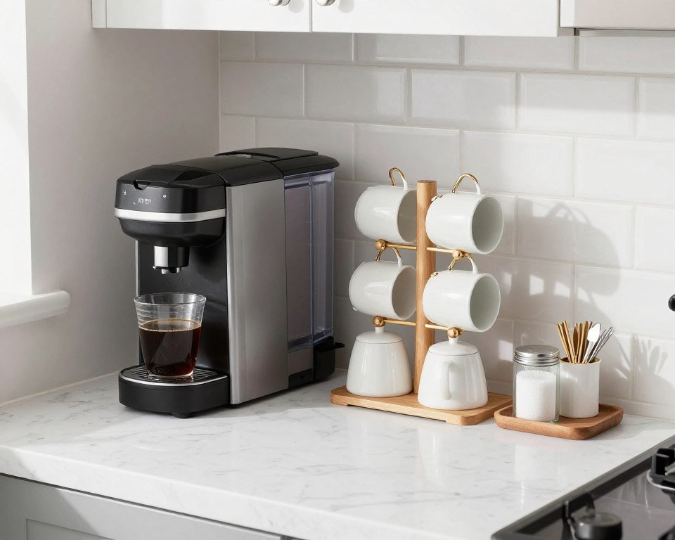 Compact coffee corner on kitchen countertop