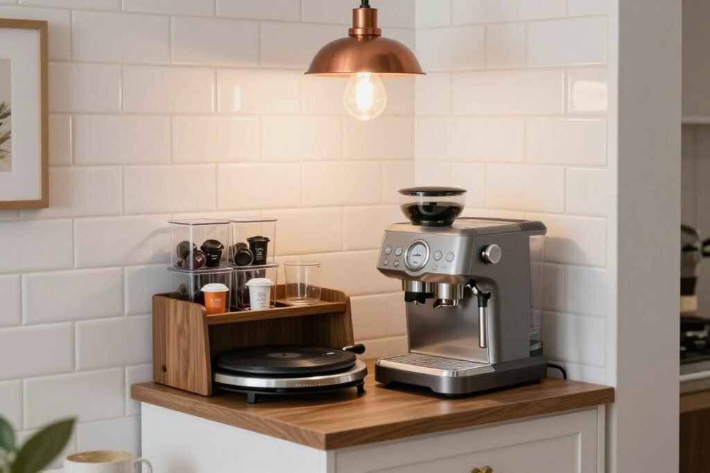 Compact corner coffee nook with lazy susan organizer
