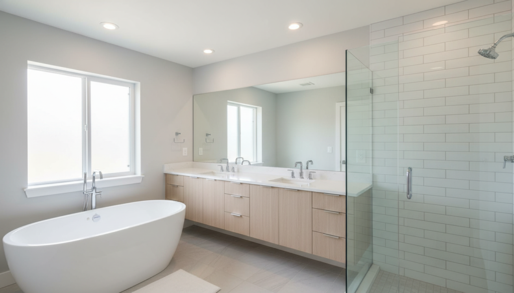 Completed small bathroom remodel with tub showing all elements working together