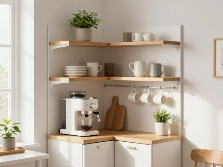 Corner coffee bar setup with tiered shelving in a small white kitchen