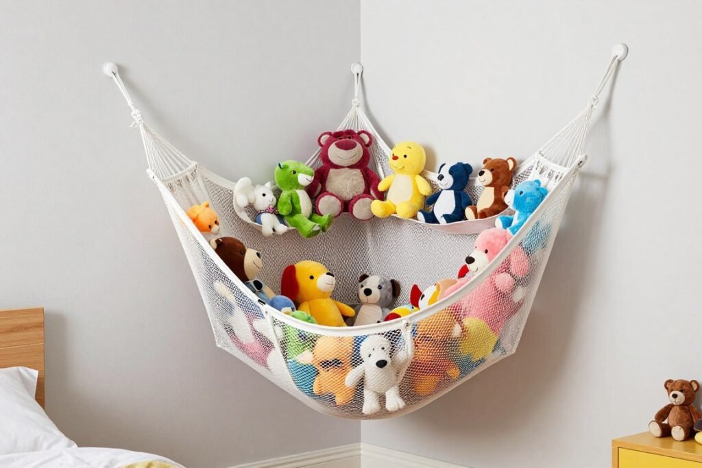 Corner hammock filled with stuffed animals in kids bedroom