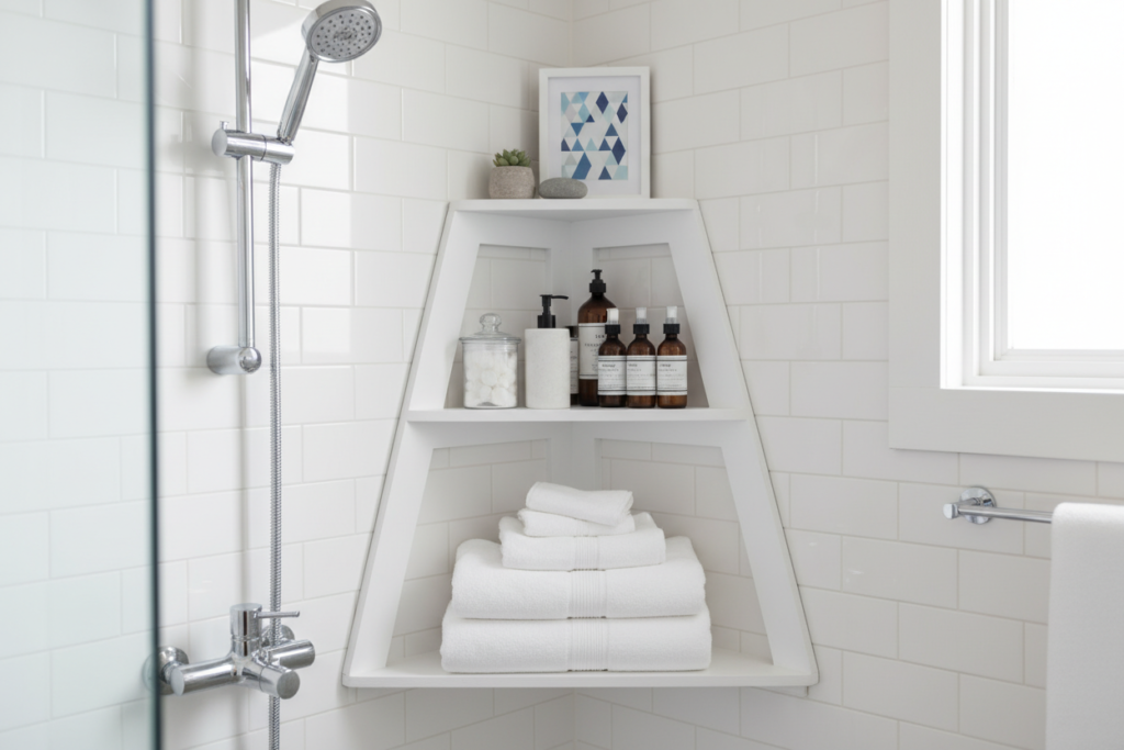 Corner shelving unit in bathroom storing towels and bathroom essentials