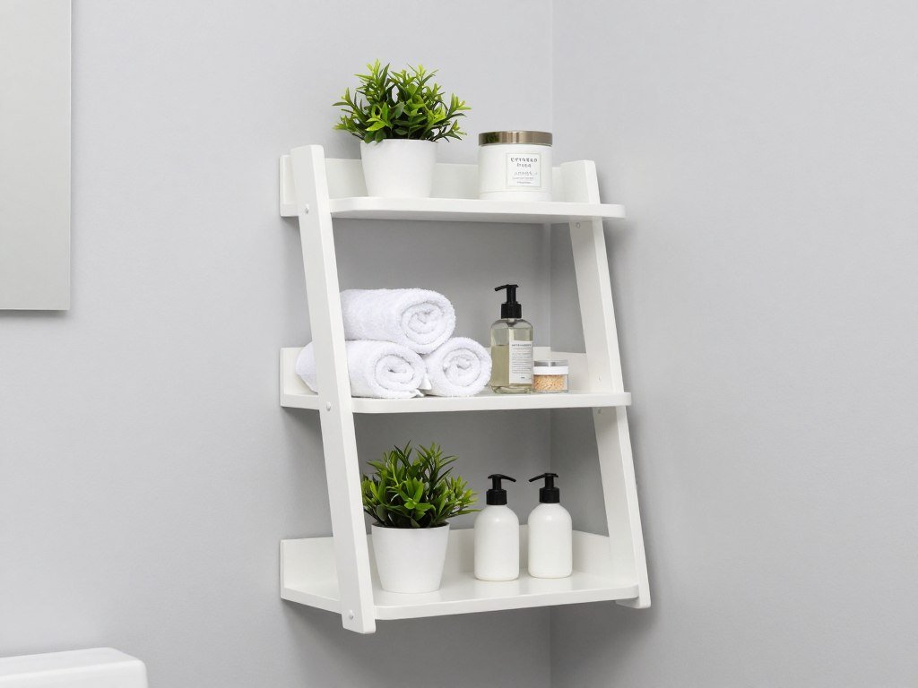 Corner shelving unit maximizing vertical space in small bathroom
