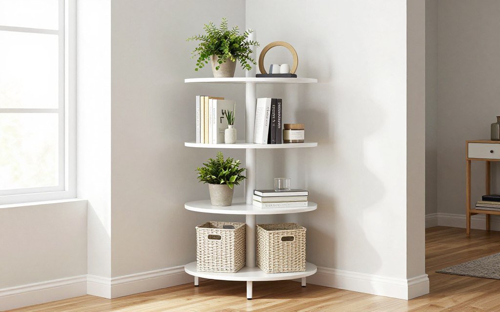 Corner shelving unit with rotating carousel design in small apartment