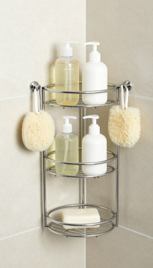Corner shower caddy with organized shampoo bottles and bath products
