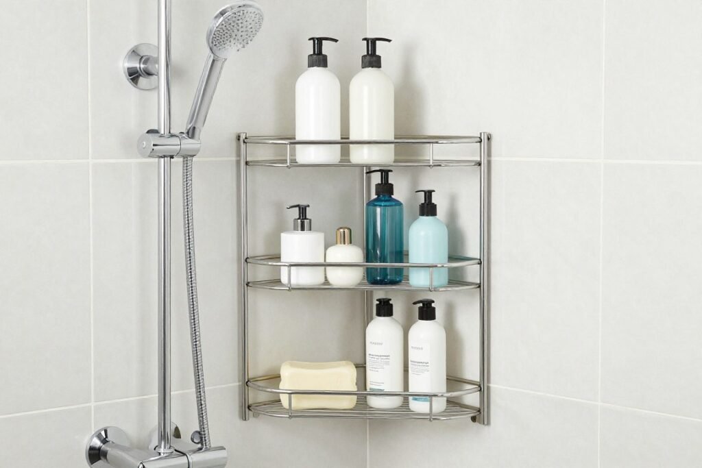 Corner shower caddy with three tiers holding bath products and accessories