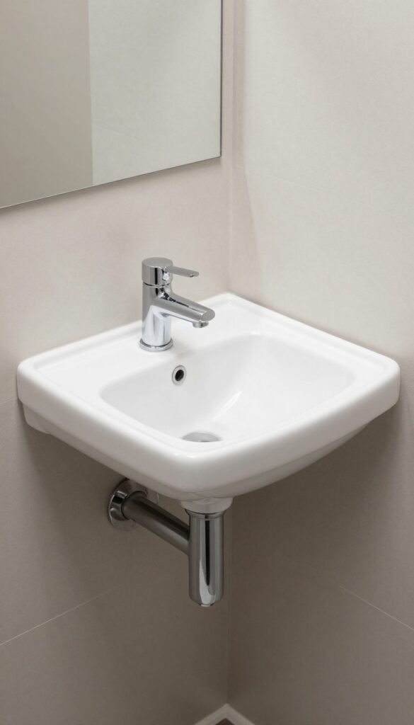 Corner sink maximizing awkward space in small bathroom
