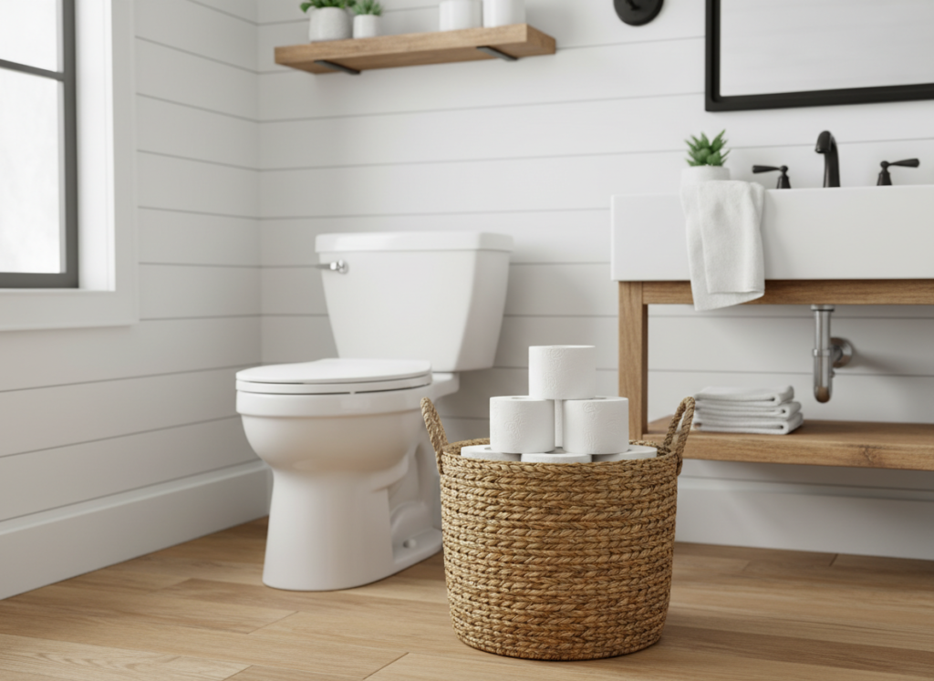 Creative toilet paper storage in bathroom using decorative basket