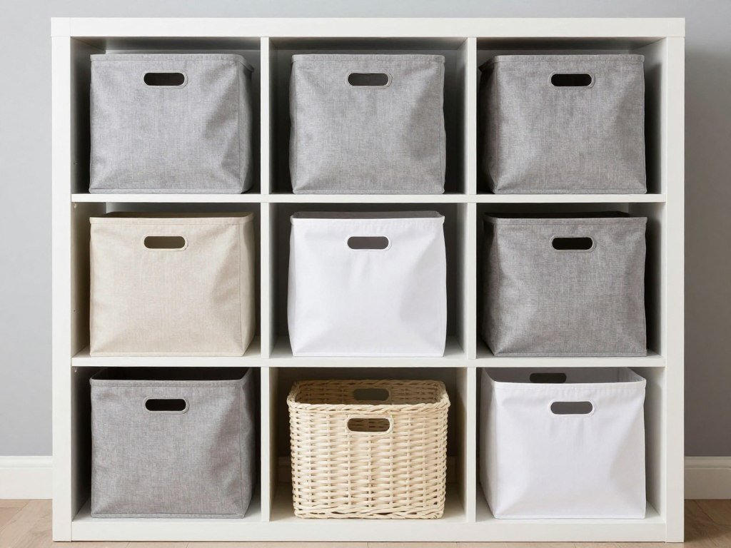 Cube storage unit filled with colorful fabric storage bins and baskets