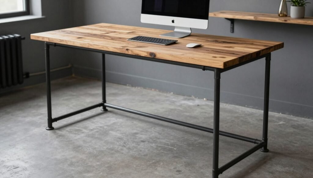 DIY industrial desk with pipe legs and wood top
