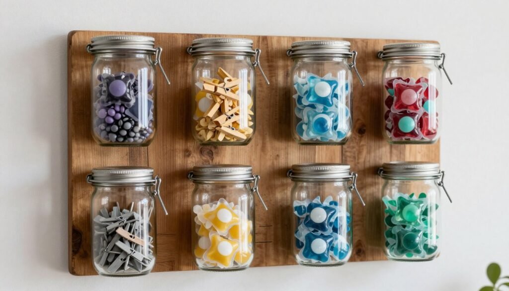 DIY mason jar storage for laundry supplies