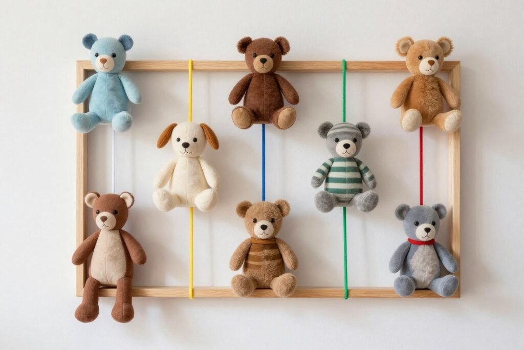 DIY stuffed animal zoo storage mounted on playroom wall