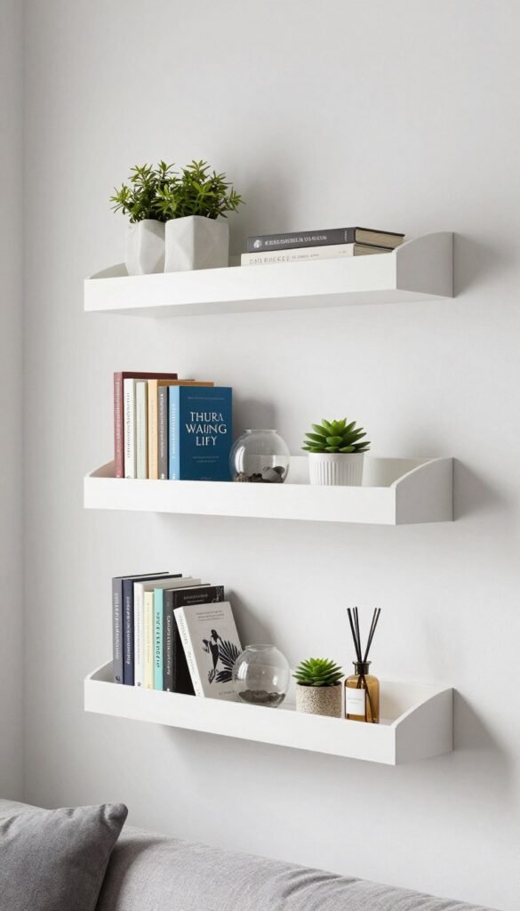 DIY white floating shelves on living room wall