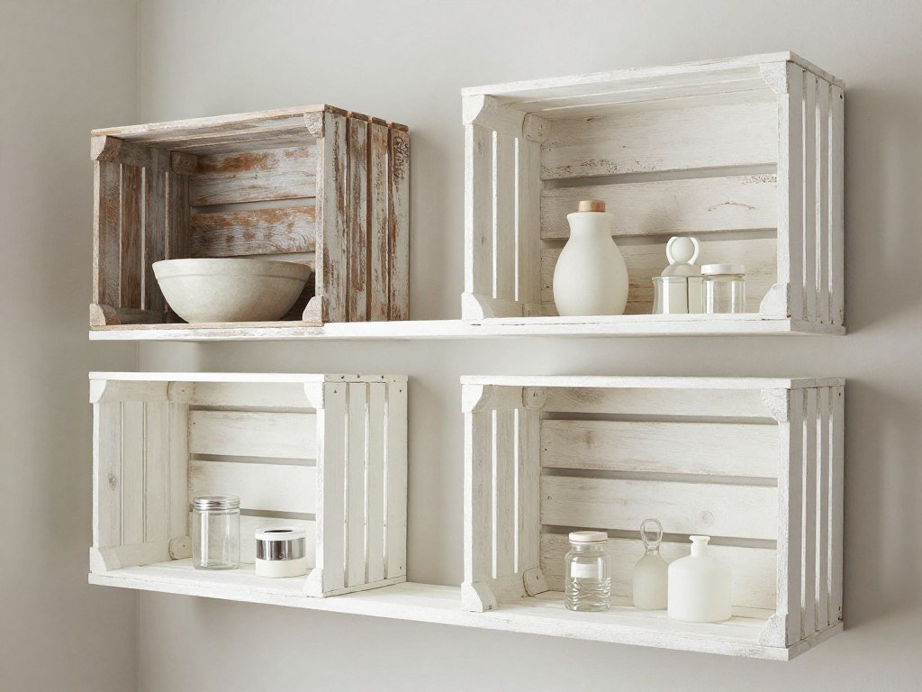 DIY wooden crate shelving in laundry room