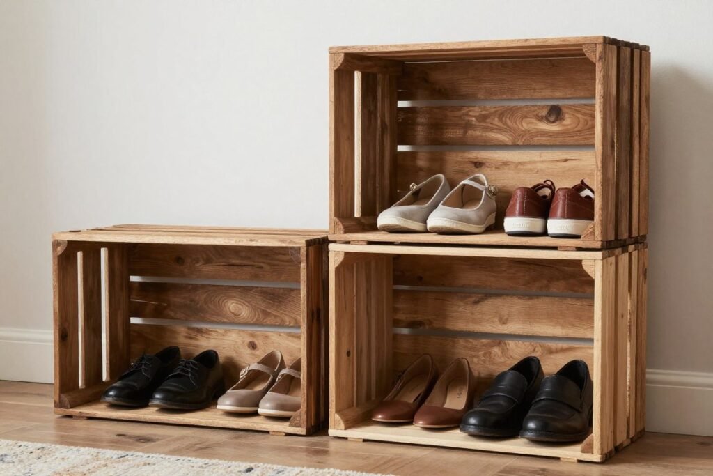 DIY wooden crate shoe storage project