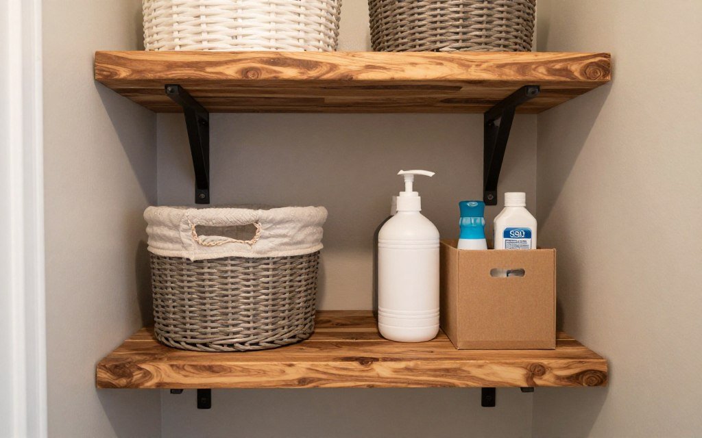 DIY wooden shelves in small laundry room