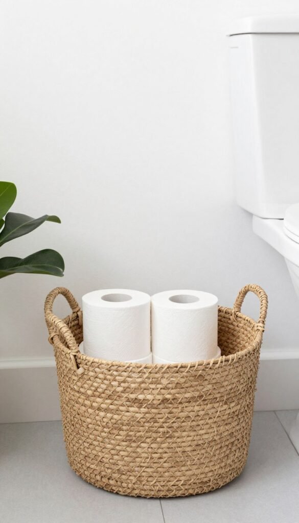 Decorative basket holding extra toilet paper rolls