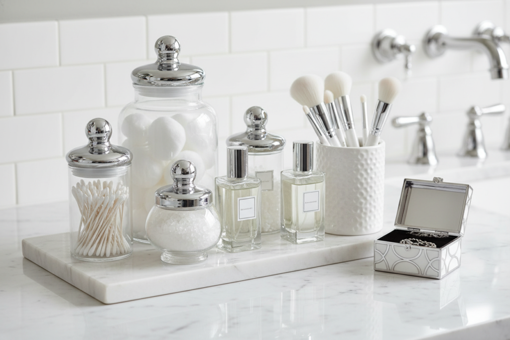 Decorative bathroom storage containers and jars organizing small items