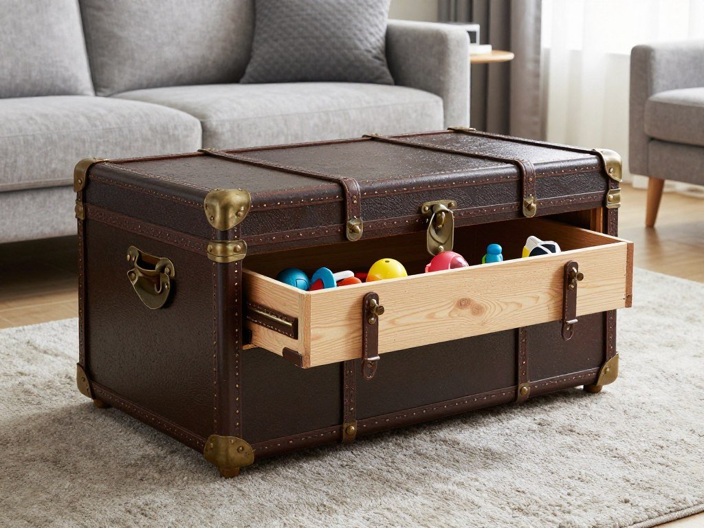 Decorative trunk styled as living room furniture with toys stored inside