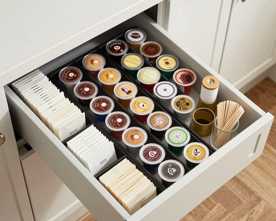 Deep drawer with organized coffee accessories